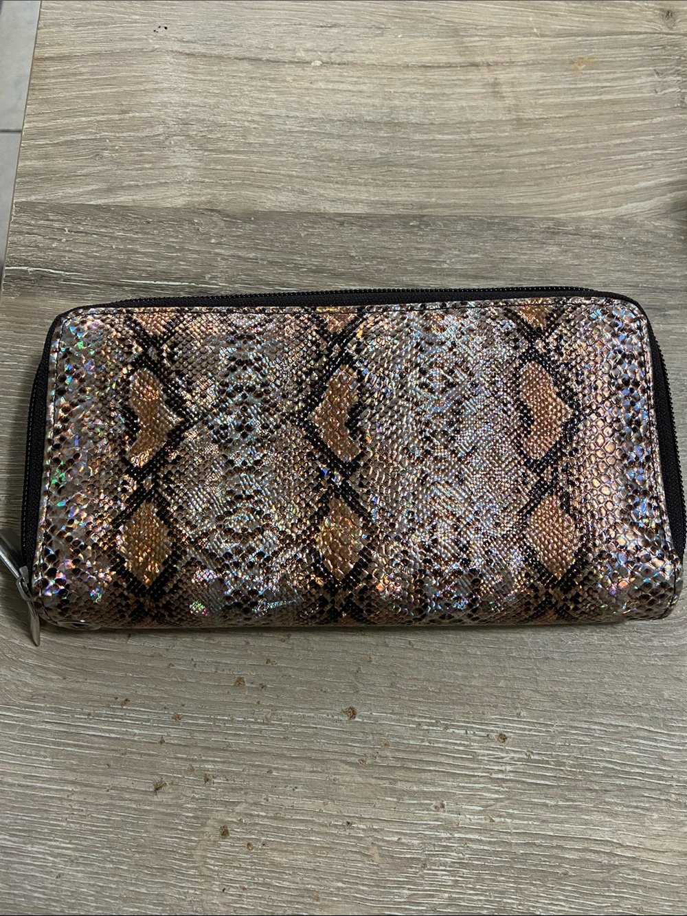 Iridescent Faux Snakeskin Zip Wallet - Brown Metallic